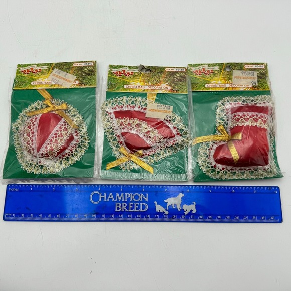 Lot 3 Vintage Victorian Fabric Christmas Bell Decoration Lace Ribbon Boot Pillow - Picture 8 of 9